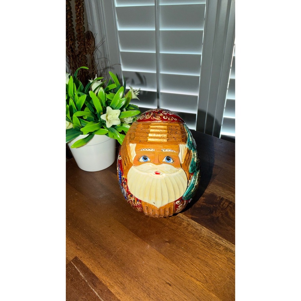 Hand Carved Wooden Santa Claus Egg Figurine Red Gold Painted Folk Art 4.5"